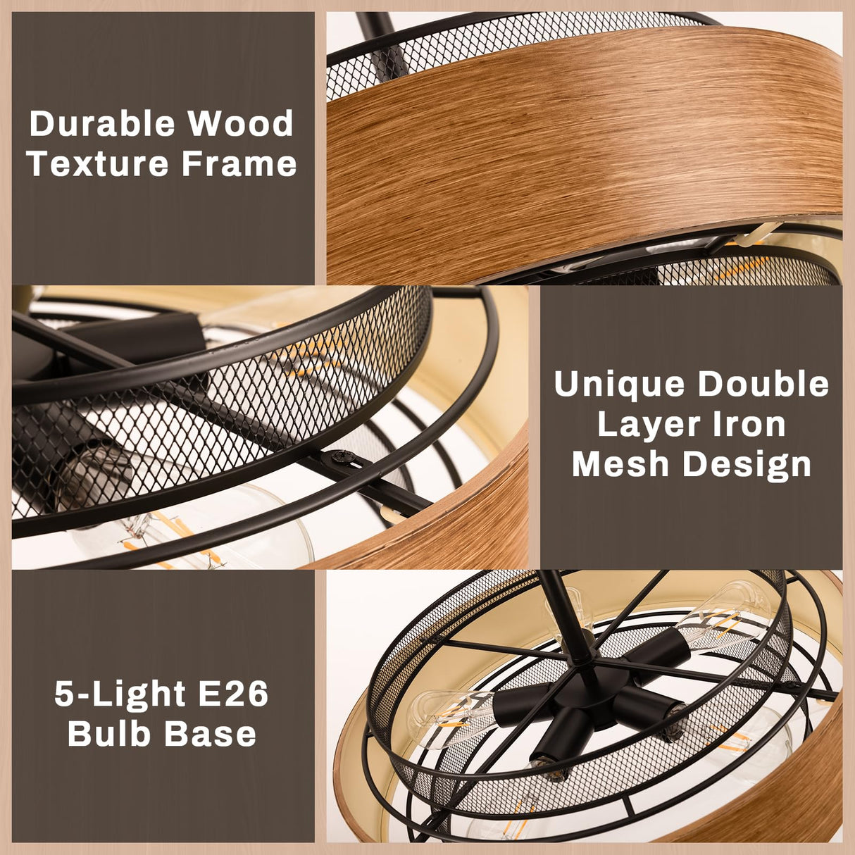 19.7 inch Farmhouse Chandeliers for Dining Room, 5-Light Rustic Large Round Black Chandelier Metal Wood Texture Interior Hanging Lighting for Entryway Kitchen Island Foyer Bedroom Living Room Corlaceling