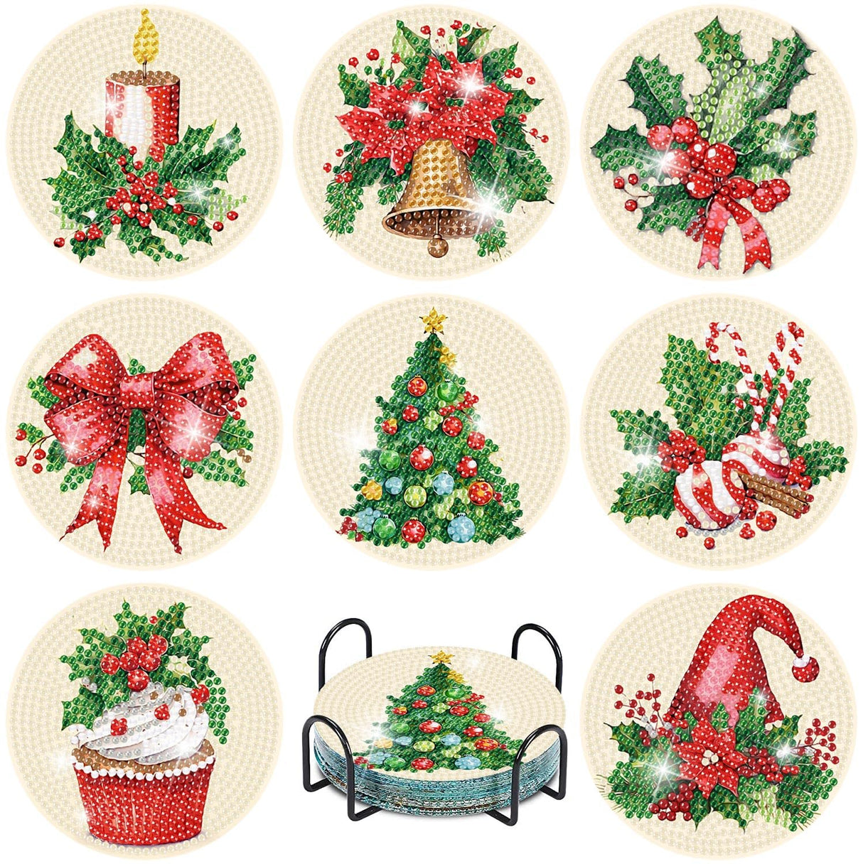 eniref 8 Pcs Christmas Diamond Art Coasters Kits with Holder, Chirstmas Bell Candy Candle Diamond Pinting Coasters Acrylic Cup Coaster with Cork Pads for Tabletop Protection 10×10 CM eniref