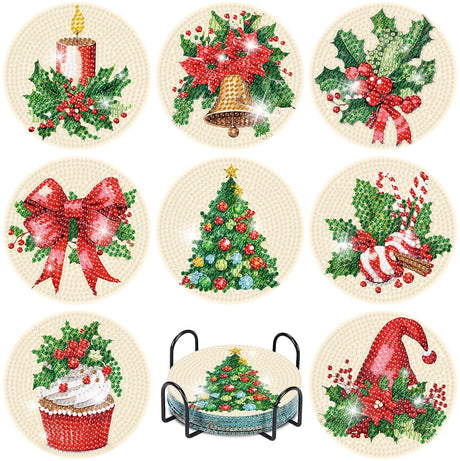 eniref 8 Pcs Christmas Diamond Art Coasters Kits with Holder, Chirstmas Bell Candy Candle Diamond Pinting Coasters Acrylic Cup Coaster with Cork Pads for Tabletop Protection 10×10 CM eniref