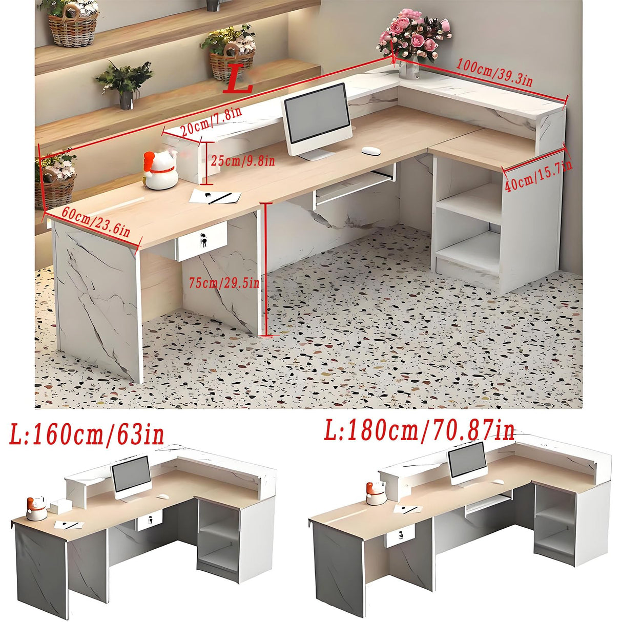 L Shaped Reception Desk,Modern Receptionist Desk with LED Lights & Lockable Drawer Retail Checkout Counter for Salon Reception Room Store Company Front Generic