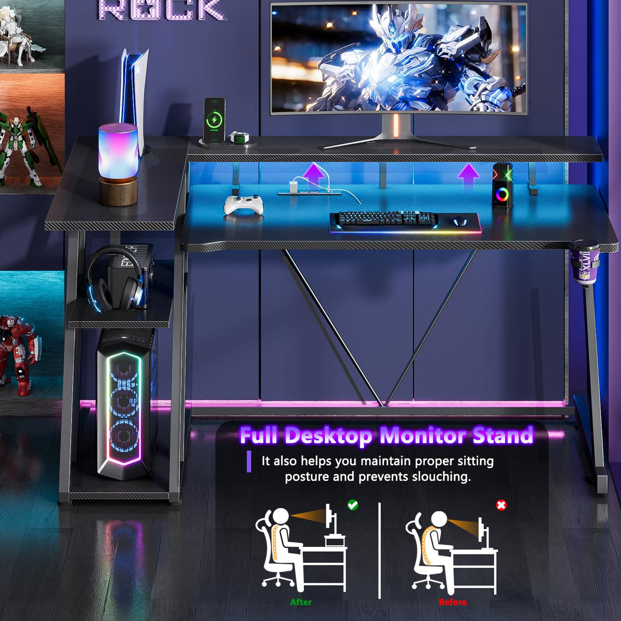 Korfile Computer Gaming Desk with Power Outlet & LED Lights, Reversible L Shaped Gamer Table with Storage Shelves for Bedroom, Corner Home Office Desk, 55 Inch, Carbon Fiber Black Korfile