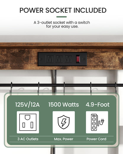 Kitchen Bakers Rack with Power Outlet, Microwave Stand with Multiple Shelves, Floor Standing Bakers Rack, Coffee Bar with Mesh Basket, for Kitchen, Dining Room, Rustic Brown and Black THB01UBF