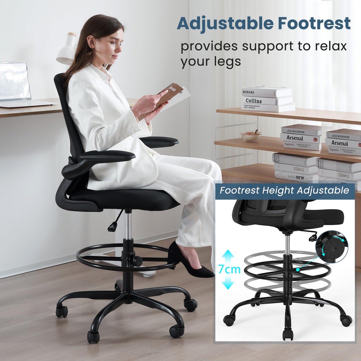 Drafting Chair, Tall Office Chair with Flip-up Armrests Executive Ergonomic Computer Standing Desk Chair, Office Drafting Chair with Lumbar Support and Adjustable Footrest Ring