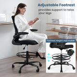 Drafting Chair, Tall Office Chair with Flip-up Armrests Executive Ergonomic Computer Standing Desk Chair, Office Drafting Chair with Lumbar Support and Adjustable Footrest Ring Silybon