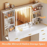 Vanity Desk with Mirror and Lights, 47.2" Makeup Vanity with 11 Storage Drawers and Hidden Storage Shelves, White Vanity with Charging Stations & 3 LED Lighting Modes Adjustable, for Bedroom HUAHUU
