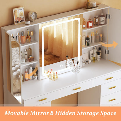 Vanity Desk with Mirror and Lights, 47.2" Makeup Vanity with 11 Storage Drawers and Hidden Storage Shelves, White Vanity with Charging Stations & 3 LED Lighting Modes Adjustable, for Bedroom