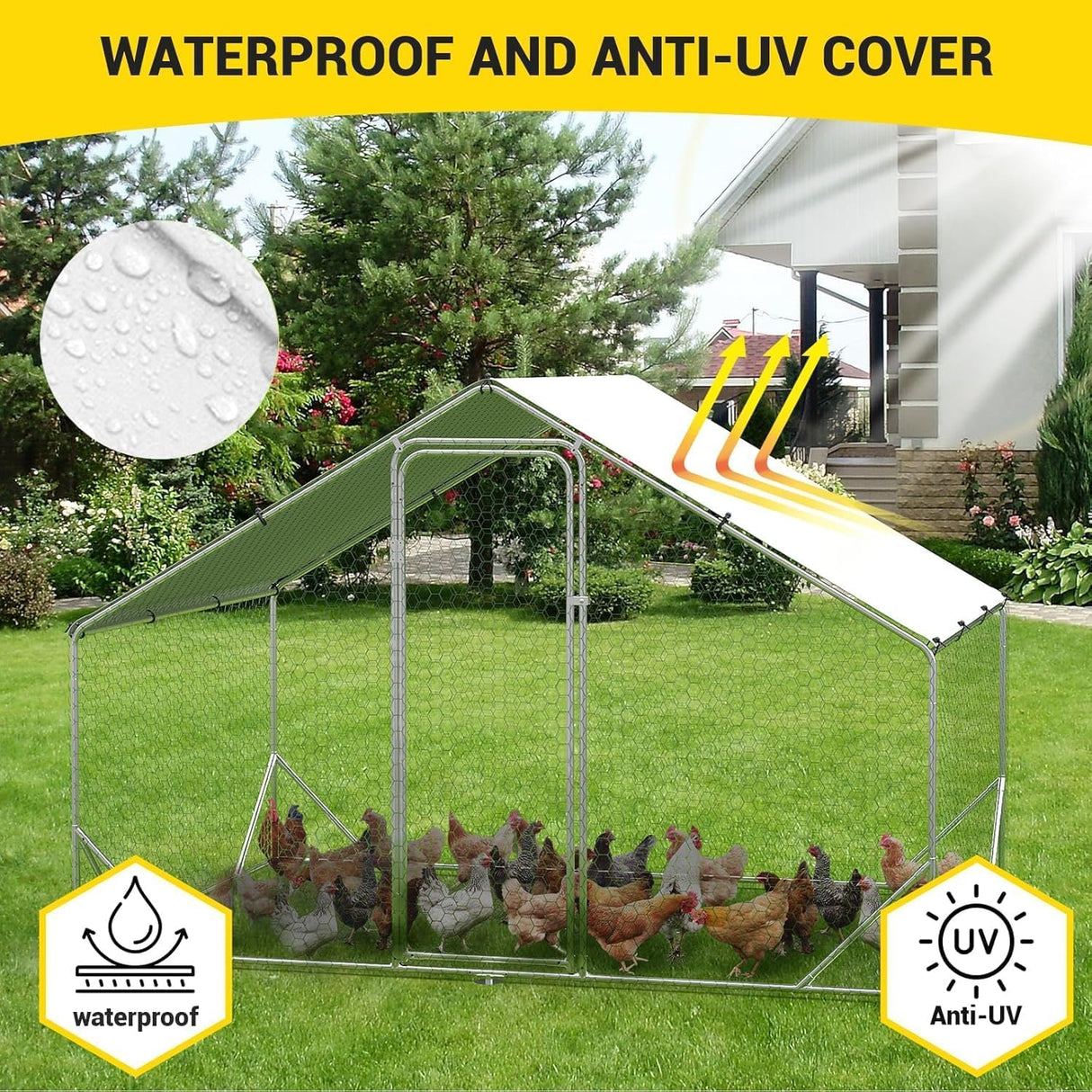 Outdoor Metal Chicken Coop & Run - 9.8x6.5FT Galvanized Steel Walk-in Poultry Cage with Waterproof Anti-UV Cover for Backyard, Garden, Farm (Chickens/Ducks/Rabbits) GAOMON