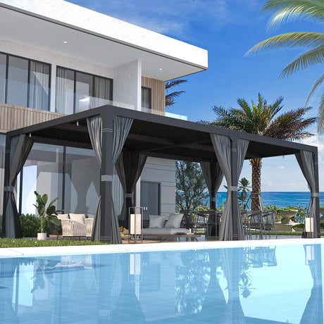 EROMMY Louvered Pergola 12' x 24' Outdoor Hard Top Pergola with Aluminum Frame and Adjustable Metal Rainproof Roof for Garden & Patio, Curtains and Netting Included, Gray-Black EROMMY