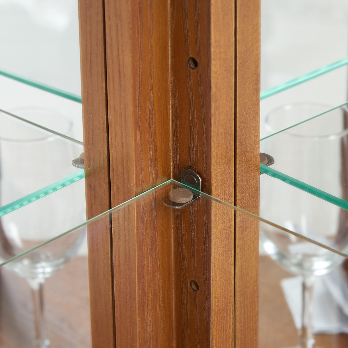 HRVEOCEI Curio Cabinet with Lighted, Display Cabinet with Glass Doors, Corner China Cabinet with Tempered Adjustable Glass Shelves & Carved Decoration (Oak) HRVEOCEI