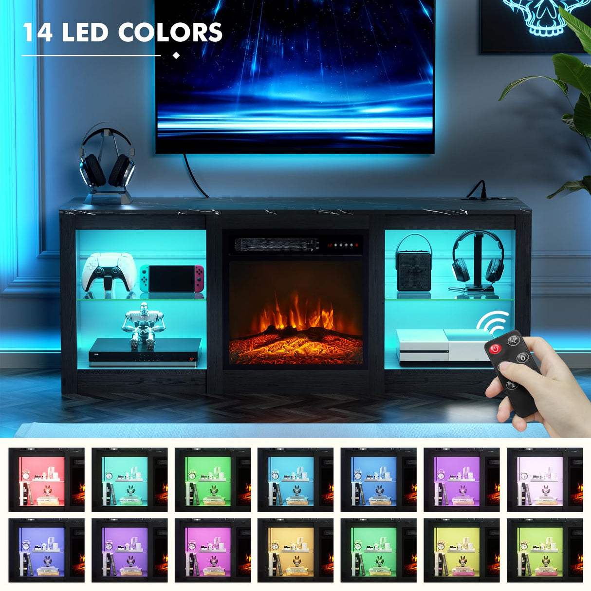 BREEZEHEAT 58inch Electric Fireplace TV Stand for 65'' TV-Entertainment Center with 18'' Fireplace and Led Light-TV Console with Glass Shelves, Power Outlets, Remote Control (Black Marble) BREEZEHEAT