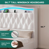YITAHOME Queen Size Bed Frame with 4 Storage Drawers and RGB LED Lights, 57'' Tall Headboard Velvet Upholstered Bed with Charging Station, No Box Spring Needed, Easy Assembly, Noise-Free, White YITAHOME