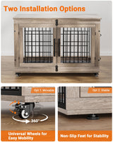 Dog Crate Furniture with Cushion, Large Wooden Dog Kennel Indoor with Double Doors, Dog Cage with Wheels, Dog House Side End Table for Large Medium Dogs up to 70 lb, 38.5” L, Grey YaFiti