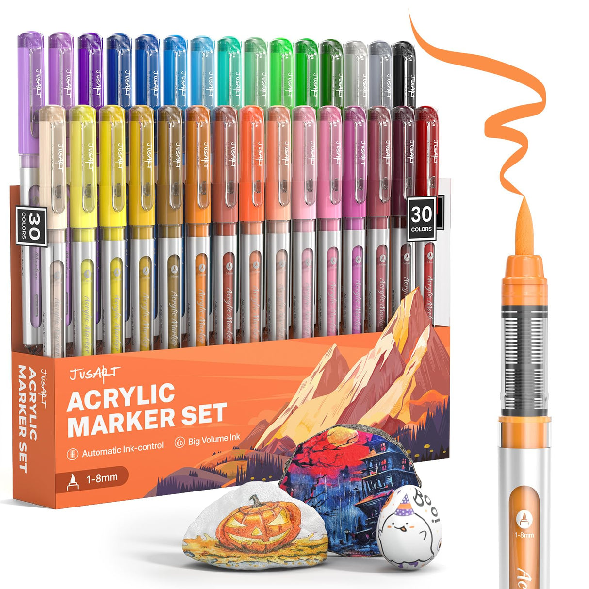 JusArt 30 Colors Acrylic Paint Markers Brush Tip, Water Based Paint Pens with Automatic Ink-Control, Waterproof 1-8mm Flexible Tip Acrylic Markers for Rock Painting, Wood, Fabric, Egg, Art Supplies JusArt