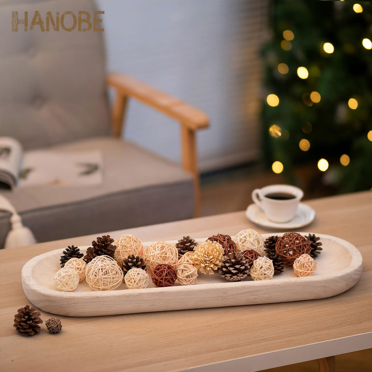Hanobe Decorative Bowl Large Wooden: 25.5" Long Wood Dough Bowls for Decor Coffee Table Centerpiece Tray White Washed Farmhouse Rustic Decorations for Dining Room Home Kitchen Fireplace Hanobe