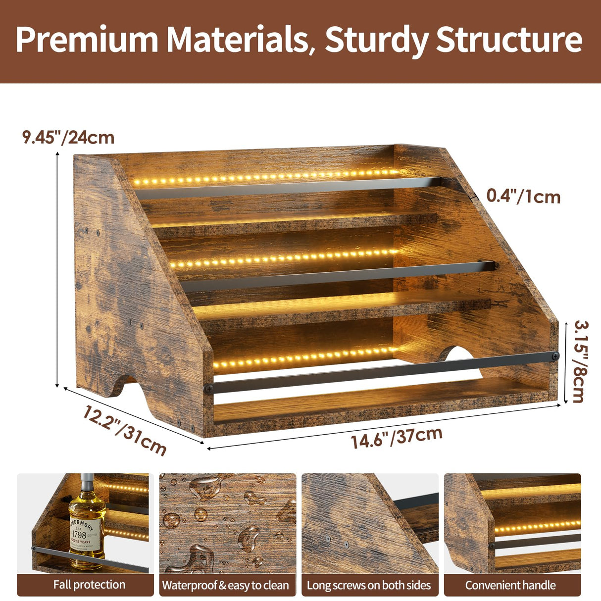 Nuovoware LED Lighted Liquor Bottle Display Shelf, 3 Step Wood Countertop Liquor Rack with Fences & Portable Handles, 12-Bottle Whiskey Rack Liquor Display Retro Wine Rack for Home Bar Party, Brown Nuovoware