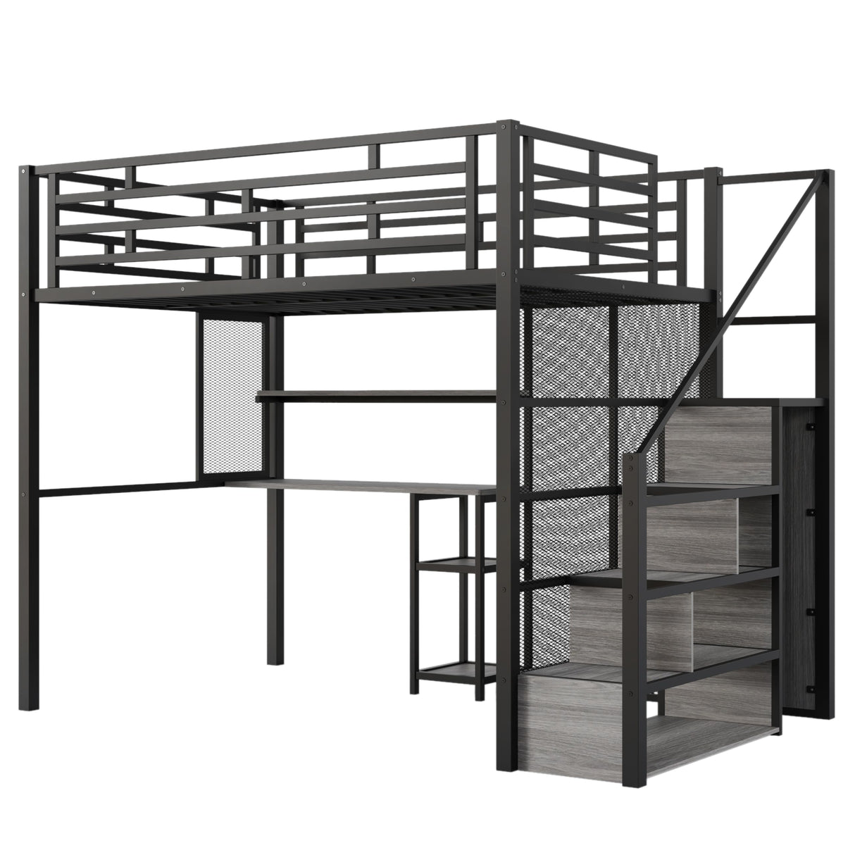 Harper & Bright Designs Full Size Loft Bed with Stairs & Desk, Metal Frame with Storage Shelves and Wardrobe, Heavy-Duty for Adults, Teens and Kids, Black Harper & Bright Designs