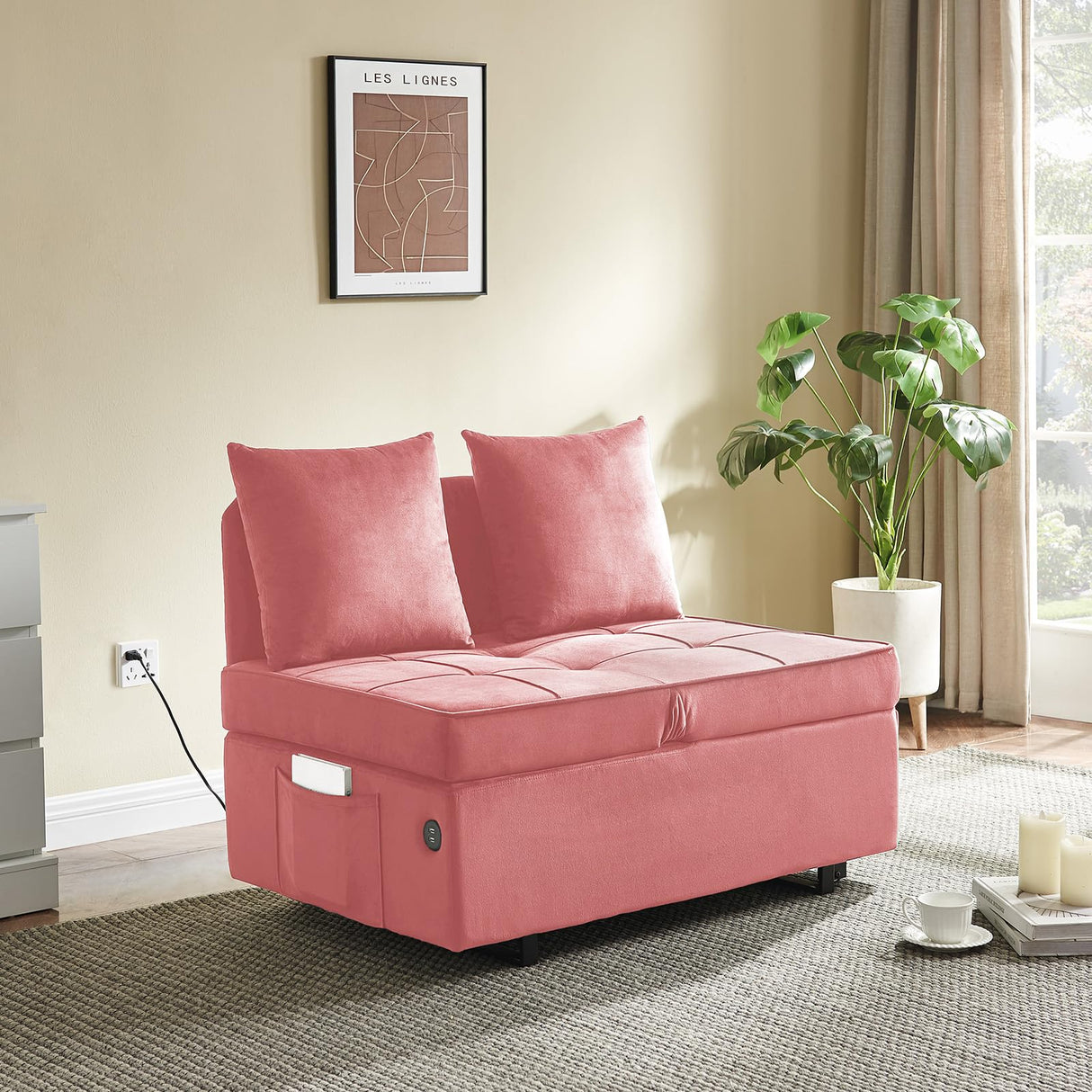 Convertible Sofa Bed 4-in-1 Velvet Sleeper Sofa Chair Bed Pull Out Futon Couch Bed with USB Ports 5 Adjustable Backrest and Pillow Fold Out Ottoman Bed loveseat Sofa for Adults Living Room, Pink FiveWillowise