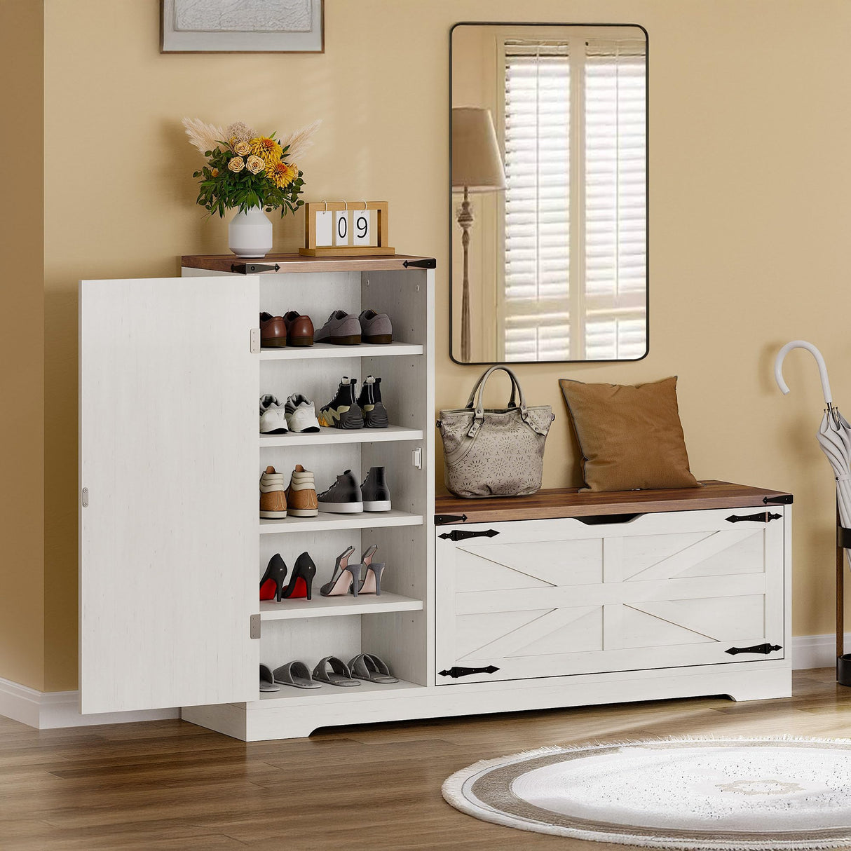 YITAHOME Shoe Cabinet with Bench, Shoe Storage Cabinet with Adjustable Shelves, Farmhouse Shoe Organizer Cabinet, L-Shaped Shoe Cabinet Storage for Entryway, Hallway, Living Room, White & Brown YITAHOME