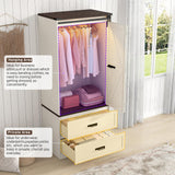 73" Tall Farmhouse 2 Doors Armoire Wardrobe Closet w/ Sliding Folding Door,2 Drawers,Closet Wardrobe Cabinet w/ LED Light,Hanging Rod for Bedroom,Wooden Wardrobe Armoire Cabinet,Rustic Brown chartustriable