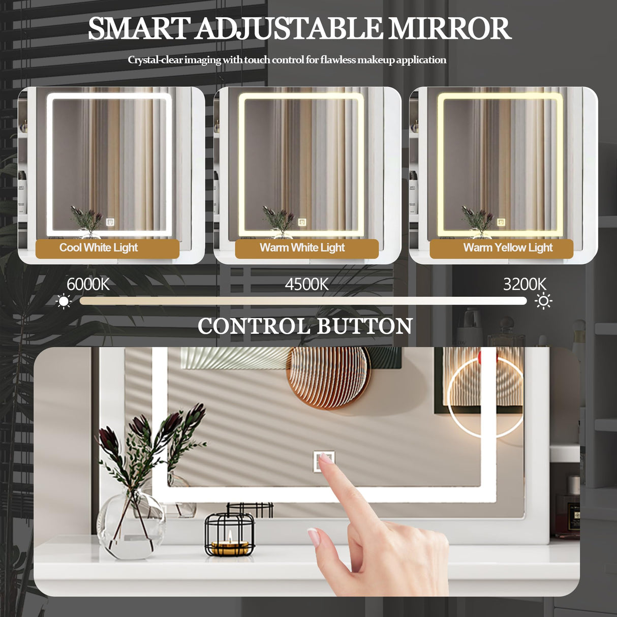 Runboll Stylish Vanity Desk with Mirror and Lights, White Dressing Table Set with Chair, 5 Drawers & Open Shelves, Adjustable 3-Color LED Lighting, Perfect for Bedroom Makeup Runboll