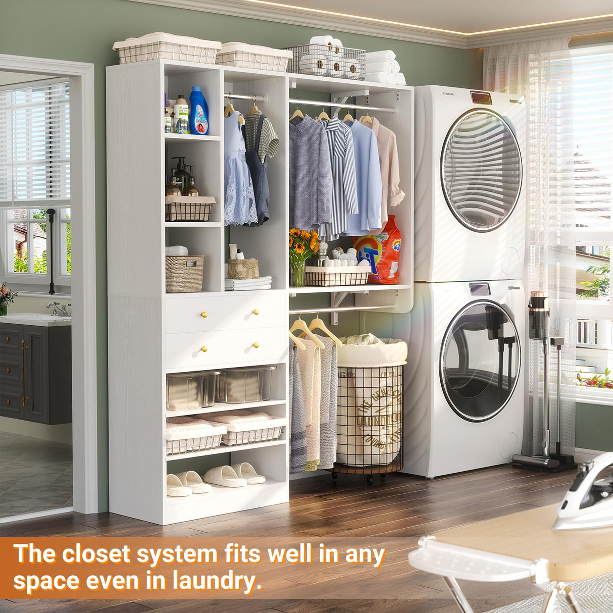 Besiost Closet System - 5FT Small Closet System with Drawers, 60" Closet Organizer System with Reversible Hanging Shelving, Closet Systems for Small/Walk-in Closets, White Besiost
