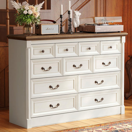 Concho Farmhouse 11 Drawers Dresser for Bedroom, 53'' Wide Wood Chest of Drawers with Spacious Deep Storage Space, Rustic Storage Dressers Organizer, TV Stand for Living Room, Bedroom, Antique White Concho