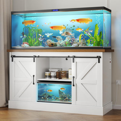OtterOasis 55-75 Gallon Fish Tank Stand with Sliding Barn Doors & Power Outlet, Heavy Duty Aquarium Stand with Cabinet Storage for Fish Tank, Turtle Tank, Reptile Terrarium, 1000LBS Capacity, White