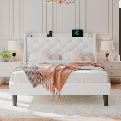 Einhomn Full Size Velvet Bed Frame with Wingback Button Tufted Storage Headboard, Upholstered Platform Bed with Type-C Ports, Wooden Slats Support, No Box Spring Needed, Noise-Free, White Einhomn