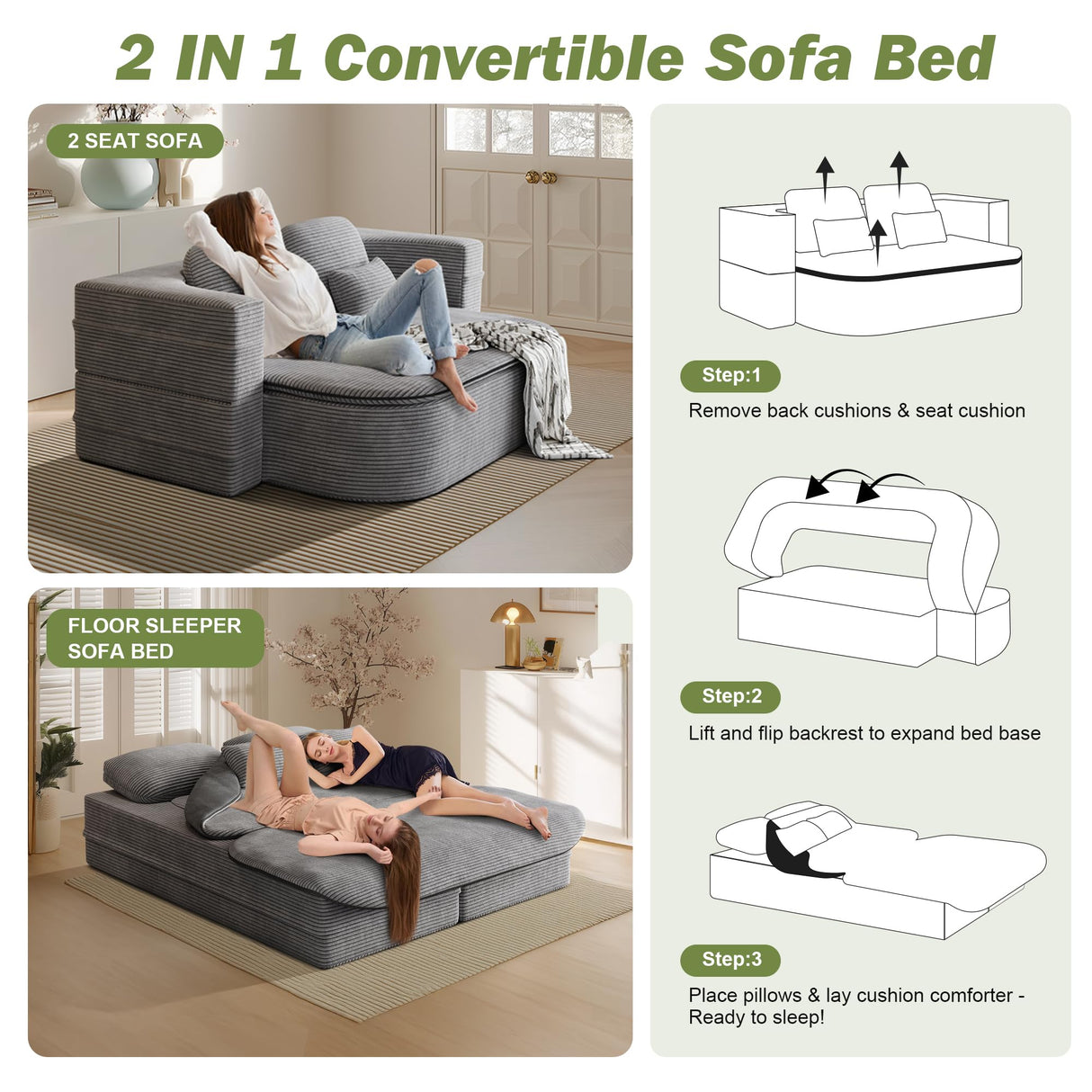 IZLKQC 75'' Convertible Folding Sofa Bed, Memory Foam Couch, Foldable Full Size Love Seat Sleeper Bed, 2-in-1 Foldable Curved Sleeper Sofa with 4 Pillows and Blanket for Living Room (Corduroy, Gray) IZLKQC