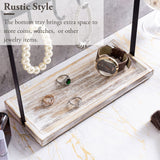 MyGift Black Metal Entryway Key Holder with 5 Hooks and Shabby Whitewashed Wood Base, Tabletop Necklace and Jewelry Organizer Rack with Ring Tray MyGift