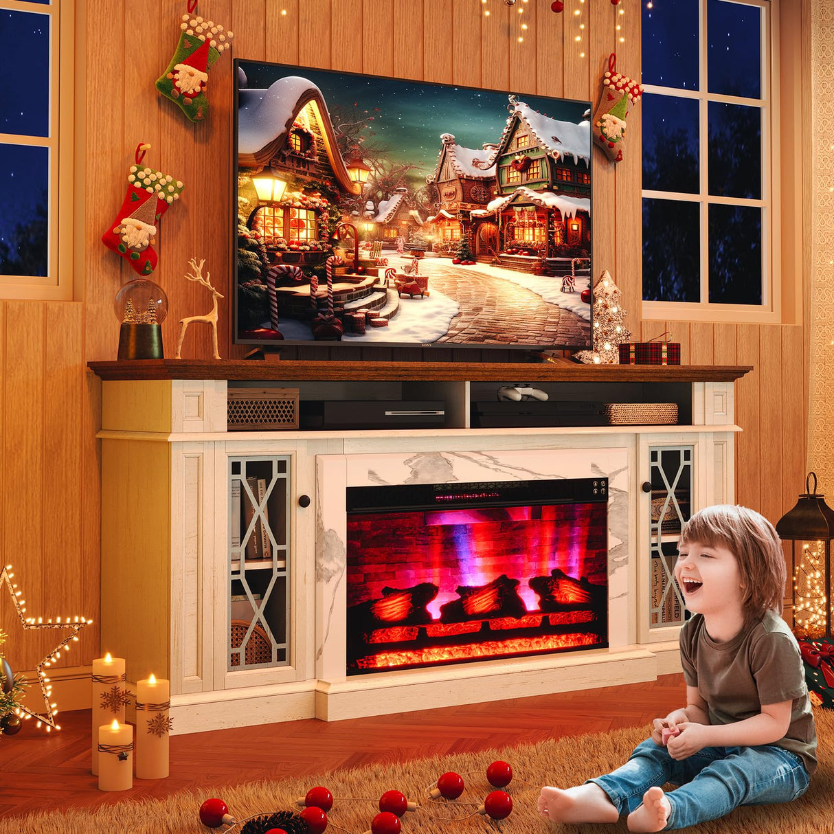 AMERLIFE 70" Farmhouse Heavy Fireplace TV Stand with 33" Electric Fireplace, for 80" TVs up, Media Entertainment Center with Diamond Door, TV Console Storage Cabinet for Living Room, White & Barnwood AMERLIFE