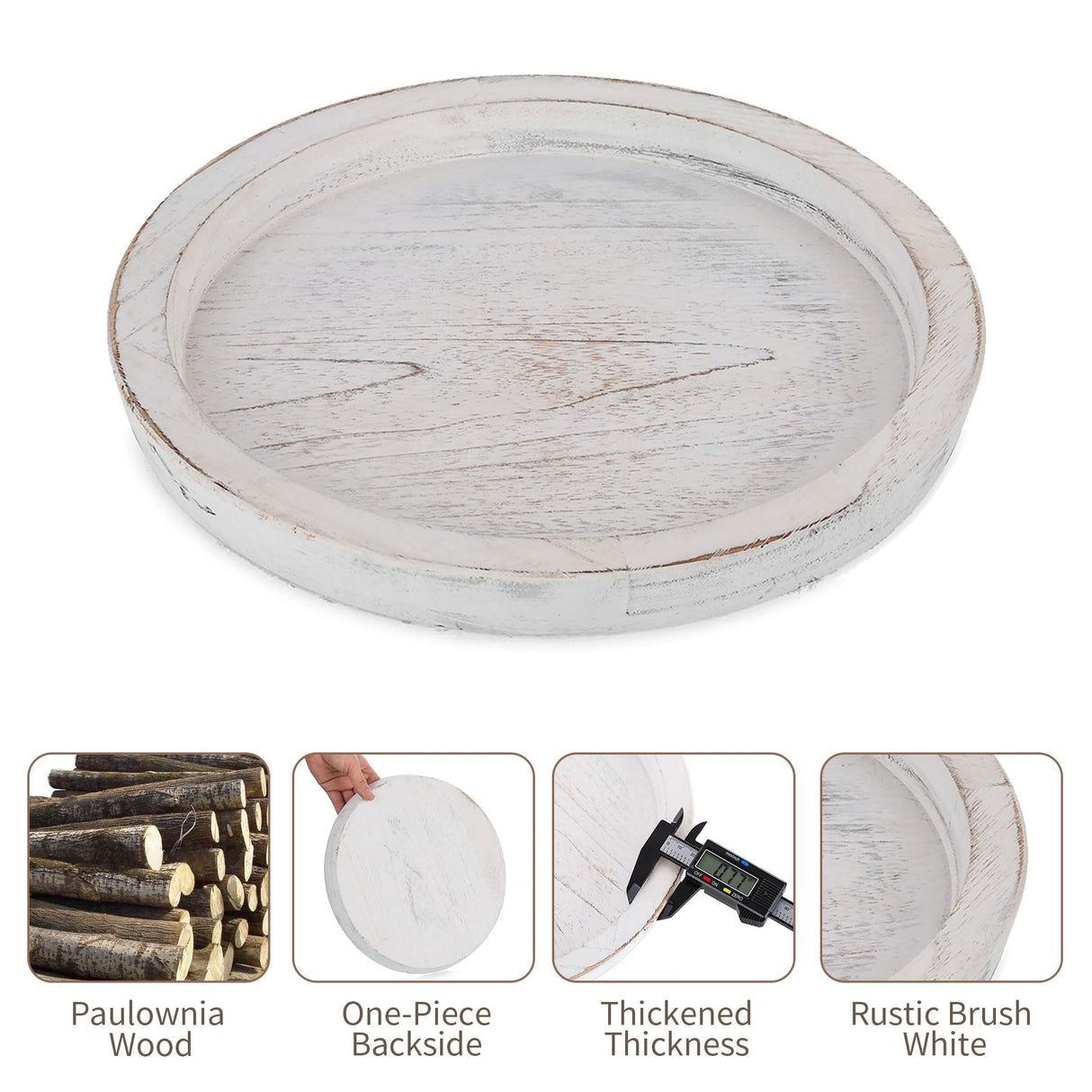 Hanobe Rustic Wooden Serving Tray: Round Wood Decorative Tray Rustic White Centerpiece Candle Holder Trays Farmhouse Ottoman Tray for Decor Kitchen Counter Home Decor for Coffee Table Hanobe