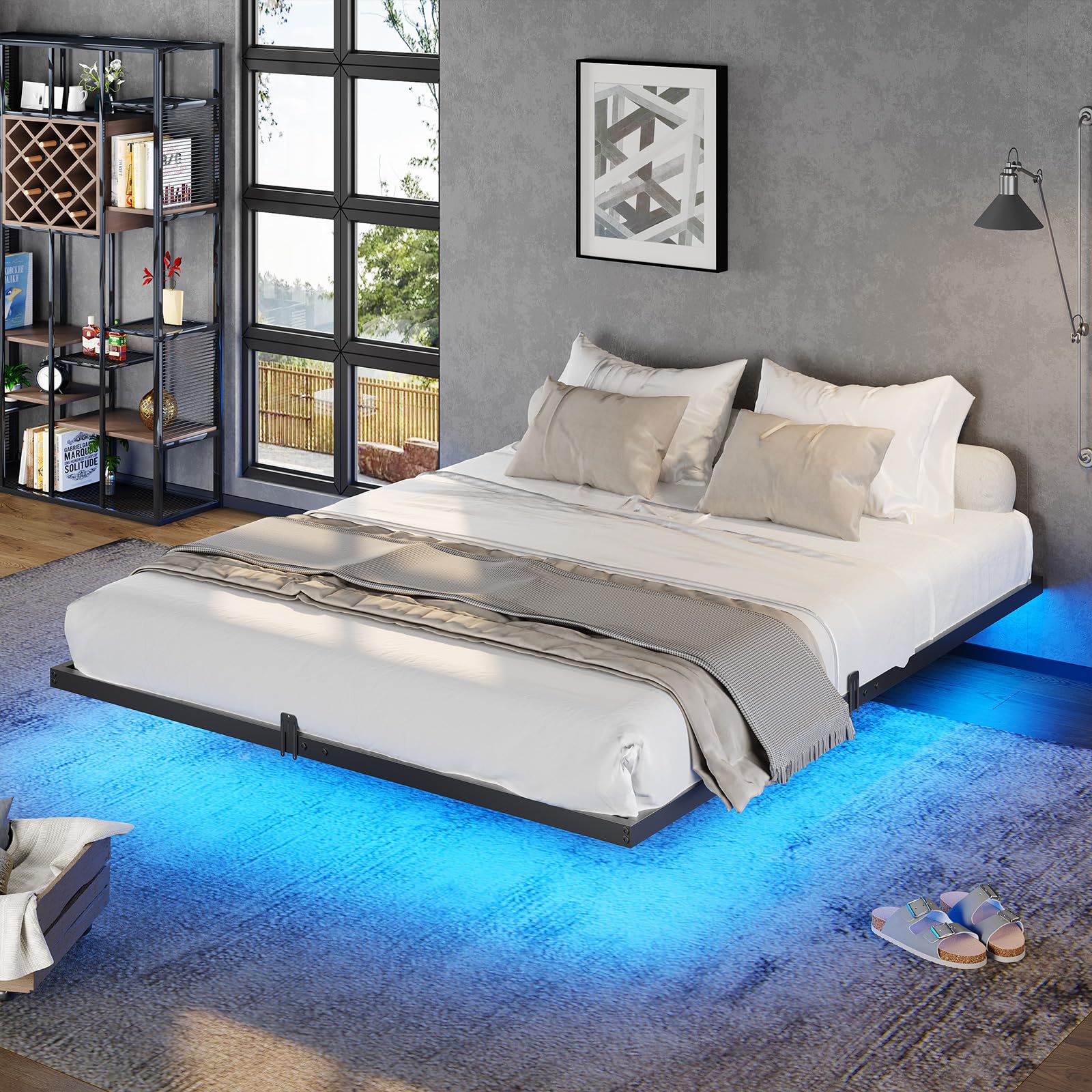 DICTAC Floating Full Bed Frame with LED Lights - Modern Metal Platform Design in Black - WoodArtSupply