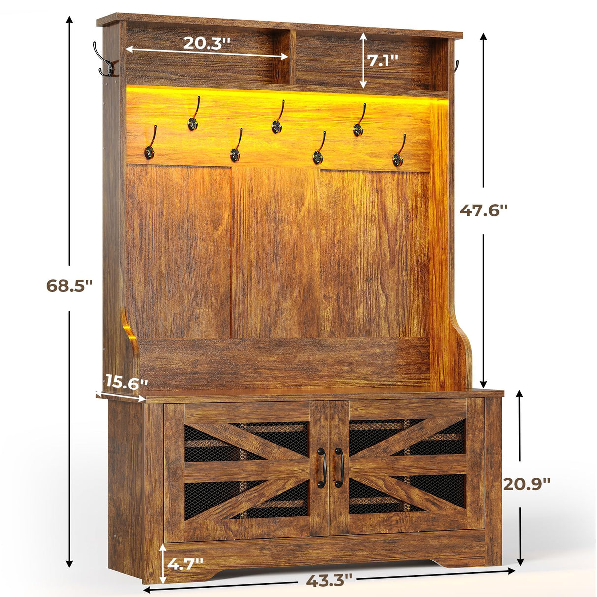 Itaar Hall Tree with Bench and Shoe Storage, 5-in-1 Entryway Bench with Coat Rack, 10 Shoe Cubbies & 9 Coat Hooks, Barn Door & Adjustable Shelf (Rustic Brown) Itaar