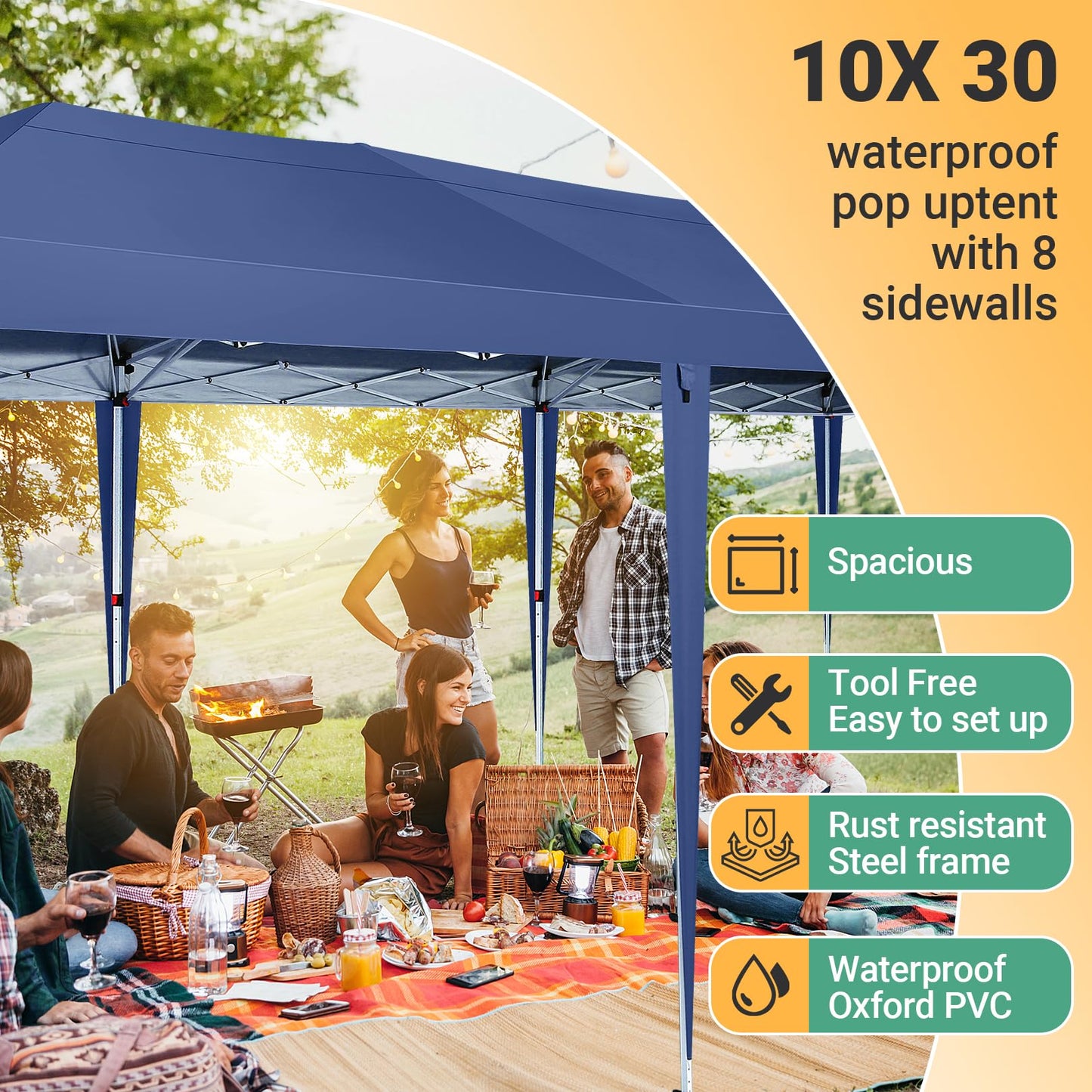 COBIZI 10x30 Canopy Party Tent with 8 Walls 10x30 Pop Up Tent for Parties Waterproof UPF 50+ Outdoor Commercial Event Tent for Party Backyard Gazebo Canopy with Sidewalls & Sandbags(navy blue,10x30ft