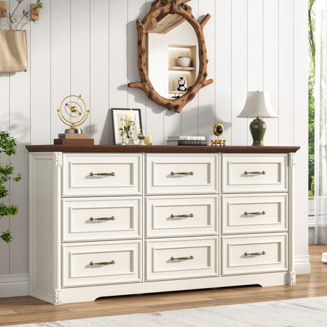 Farmhouse Wood 9 Drawer Dresser for Bedroom,Embossed Roman Column Wood Rustic 63 Inch Wide Dresser & Chest of Drawers with Rustic Handles,Tall Storage Organizer for Bedroom(Antique White) chartustriable