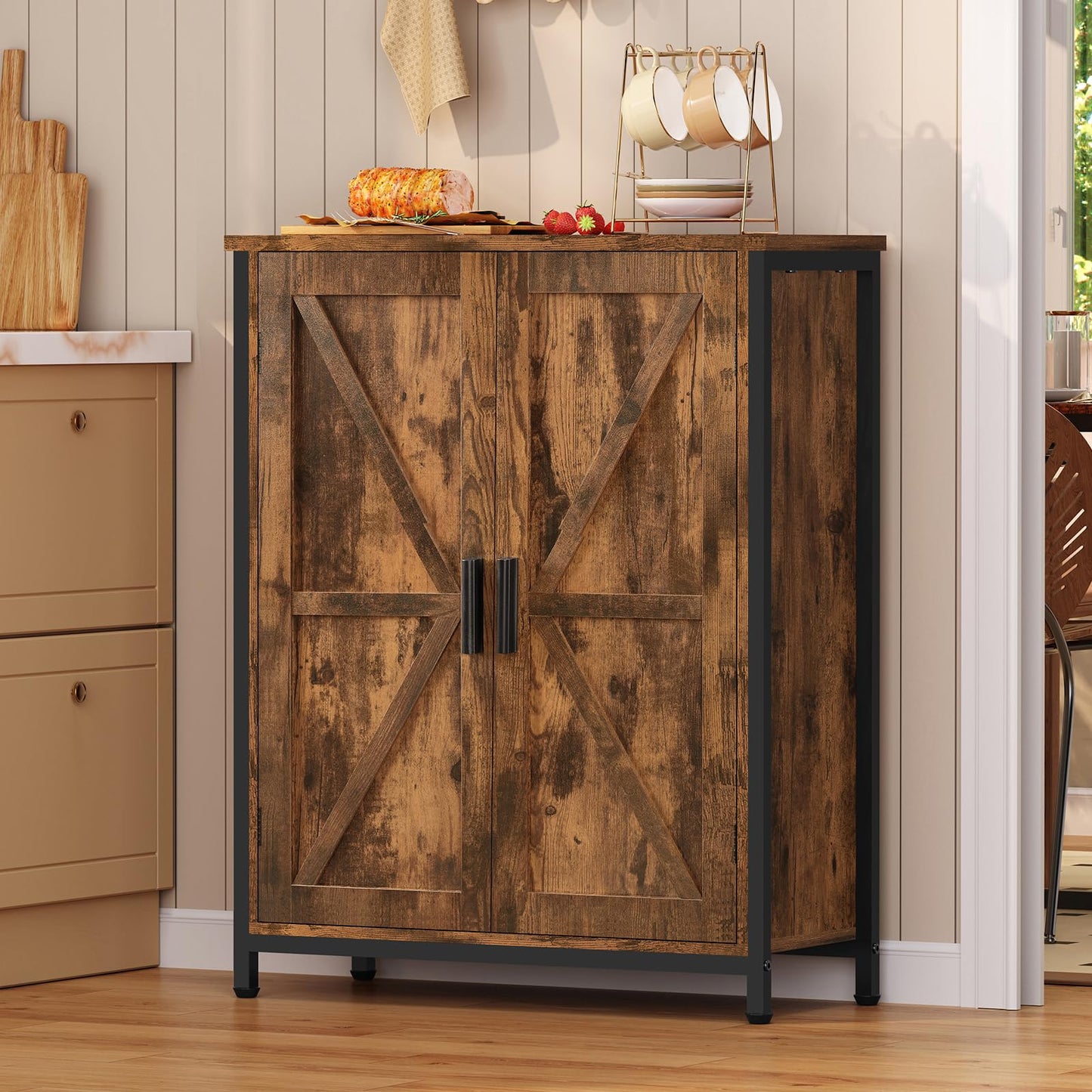 FIONESO Storage Cabinet, Farmhouse Cabinet with Barn Doors & Shelf, Entryway Cabinet, Small Cabinet for Living Room, Dining Room, Entryway, Rustic Brown