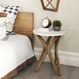 LONYKE Pedestal Farmhouse End Table, Distressed Top with Tripod Base Bedside Table for Living Room, Modern, Boho Decor, Round (1 Pack, White & Walnut) LONYKE