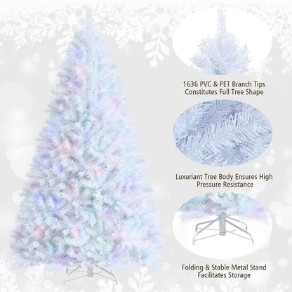 Goplus 8ft White Artificial Christmas Tree, Hinged Unlit Full Xmas Pine Tree w/1636 Iridescent Branch Tips & Metal Stand, Quick Set-Up, for Indoor Home Office Holiday Decoration