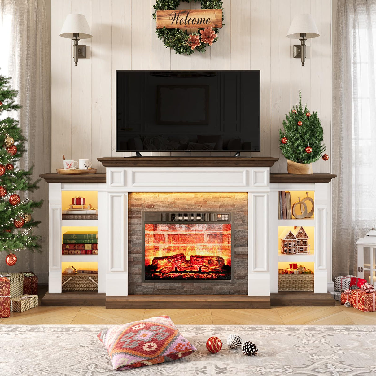 70" Electric Fireplace with Mantel, LED Fireplace TV Stand for TVs Up to 80 Inch, Farmhouse Entertainment Center with Storage, Realistic Stacked Stone Surround with Remote Control for Living Room LGHM