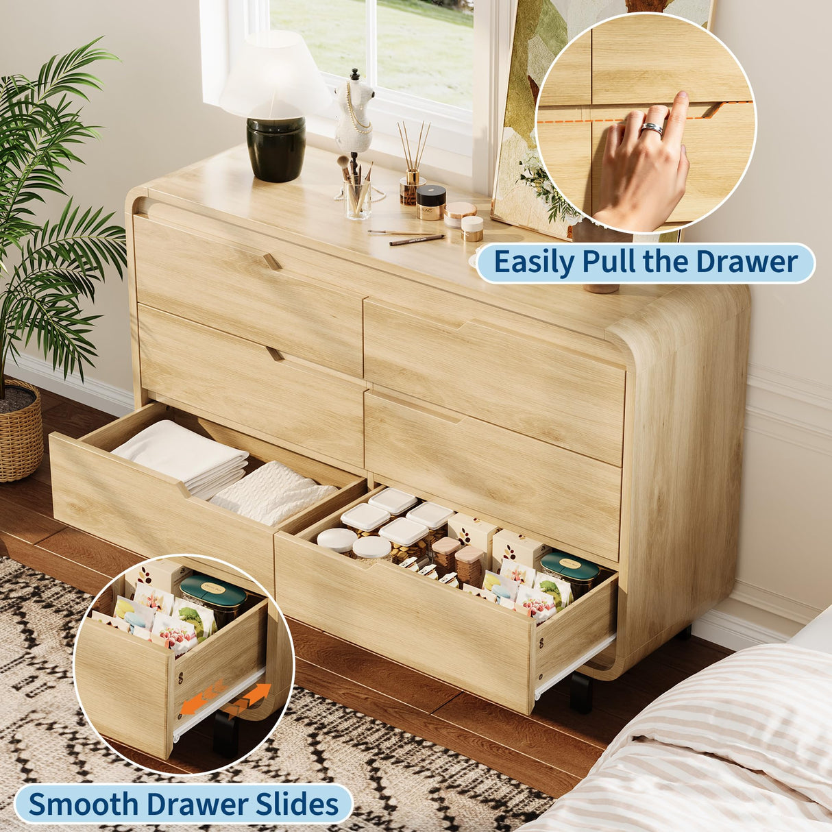 6 Drawers Dresser for Bedroom & Nursery, Modern Dresser with Safe Rounded Corners & Hidden Handles,Wooden Dresser Chest with Heavy Duty Anti-Tip Structure, Wide Storage Cabinet for Living Room GarveeHome