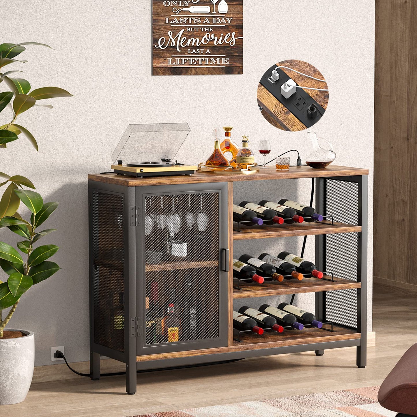 Homieasy Wine Bar Cabinet with Power Outlets, Industrial Coffee Bar Cabinet for Liquor and Glasses, Farmhouse Bar Cabinet with Removable Wine Racks, Rustic Brown - WoodArtSupply