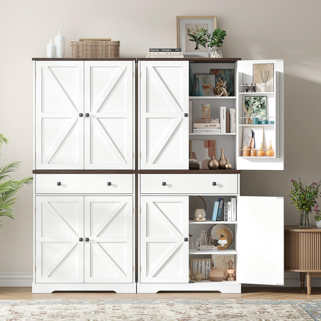 ONBRILL 71" Tall Farmhouse Kitchen Pantry with 6 Door Shelves & Drawer, Wood Pantry Storage Cabinet with 2 Adjustable Shelves & 4 Barn Doors, Freestanding Cupboard for Kitchen, Dining Room, White ONBRILL