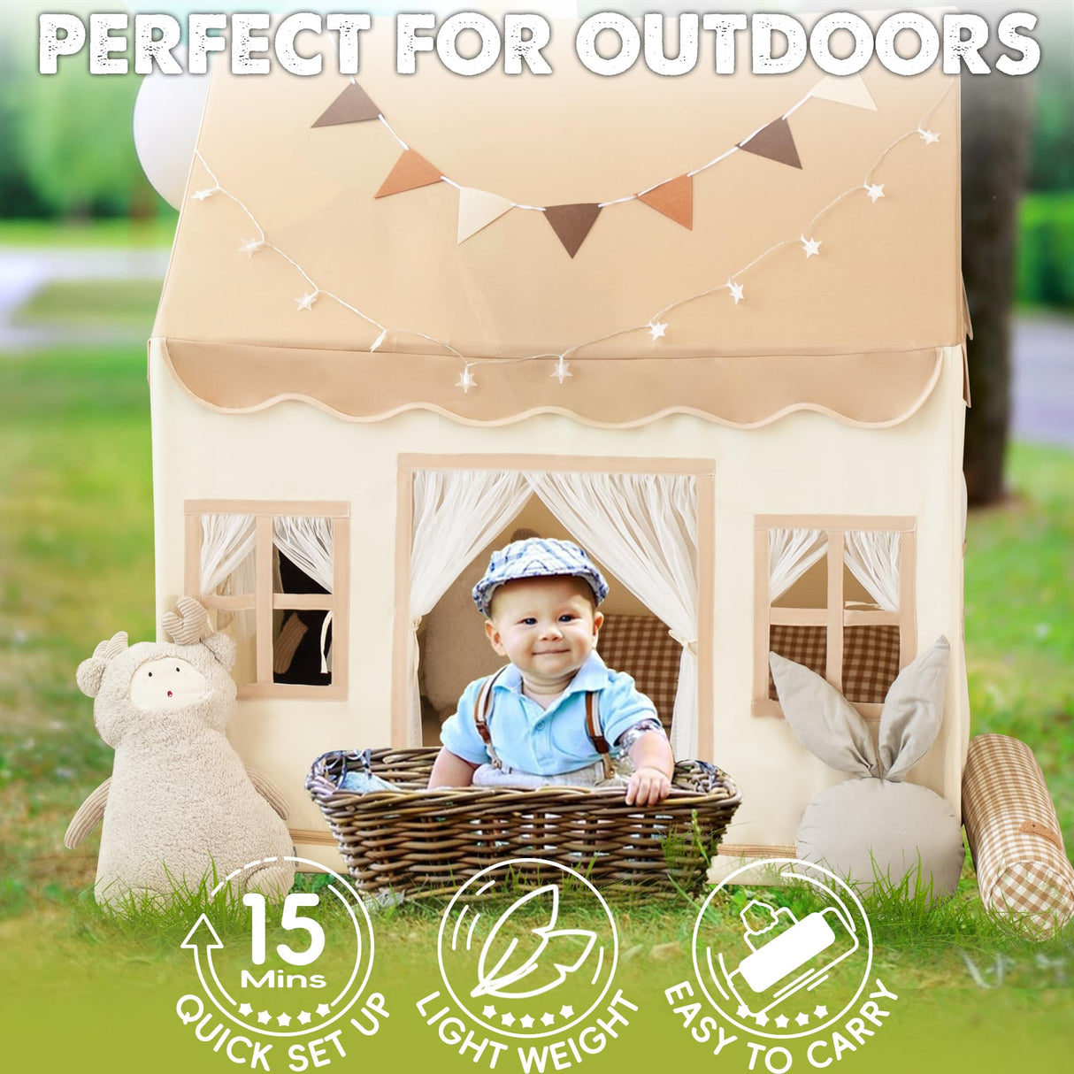 Duwenem Kids Tent with Basic Mat Large Kids Playhouse Indoor with Star Light Toddler Play Tent for Kids Toy House Gift 52“x47”x 40“(Coffee Cream) Duwenem