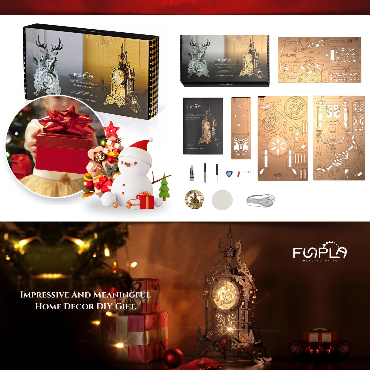 FUNPOLA LED 3D Puzzle Clock Building Model, 3D Acrylic Puzzle Tower Clock Building Model Desktop LED Ornament Clock Home Decor Elegant Gifts for Teens/Adults (LED-TC03 Arcylic) FUNPOLA