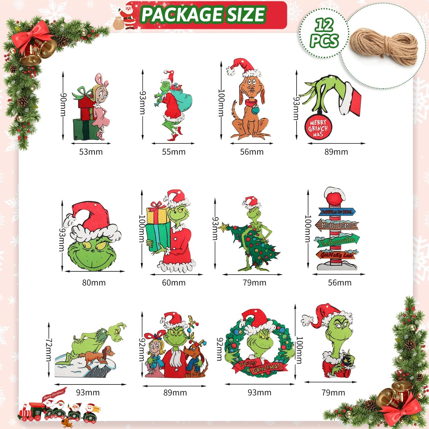 Fabelly 12PCS Christmas Tree Ornaments, Cute Wooden Hanging Ornaments for Christmas Tree - Christmas Tree Decorations Decor Indoors Home Party