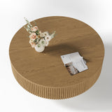 YOUDENOVA 31.5” Round Fluted Coffee Table, Modern Wood Circle Coffee Table, Veneer Handcrafted Relief Tea Table with Sturdy Pedestal for Living Room - Nature YOUDENOVA