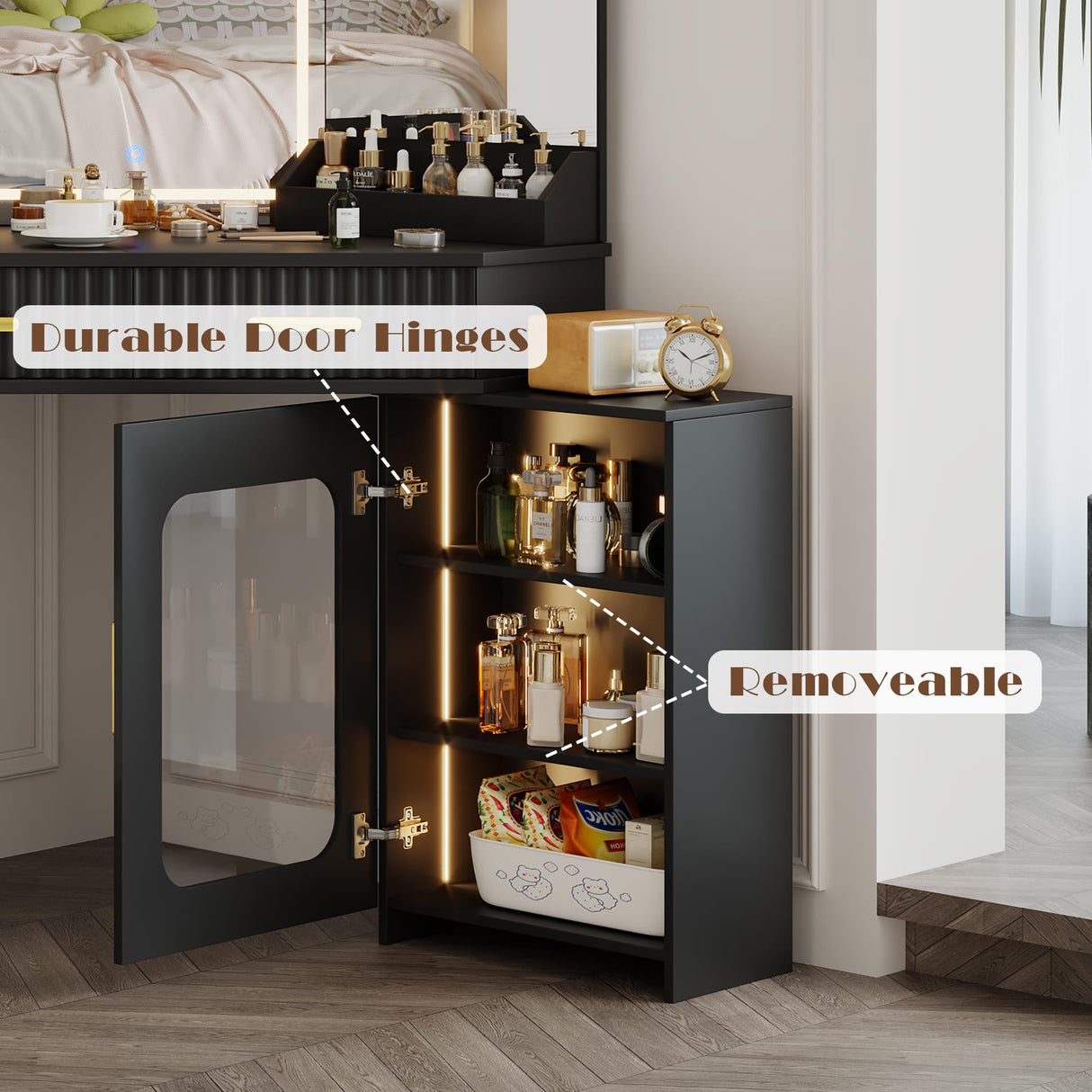 Casvik Corner Vanity Desk with 3 Way Mirror and Lights, 54" Modern Fluted Makeup Vanity with 2 Drawers & 2 Storage Cabinet, Charging Station, Stool, Large Bedroom Dressing Table for Women (Gold+Black) Casvik