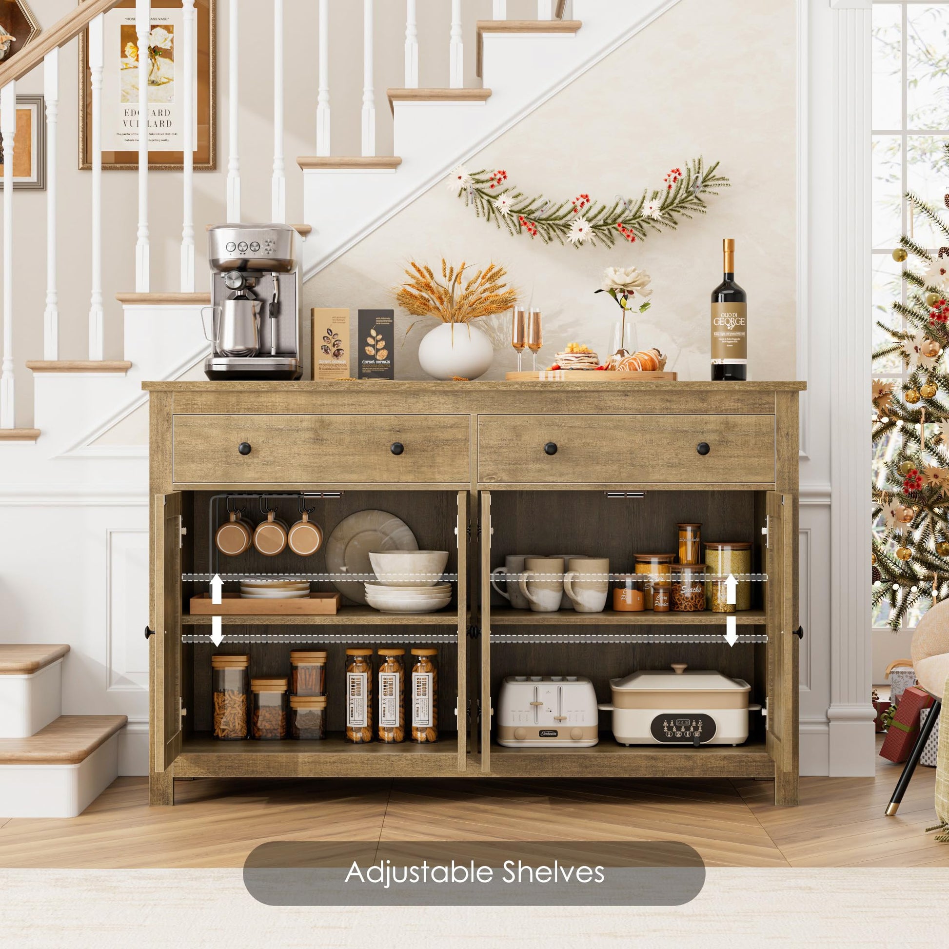 FOTOSOK Sideboard Buffet Cabinet with Storage, 55.1" Large Buffet Cabinet Kitchen Cabinet with Shelves and Doors, Farmhouse Coffee Bar Cabinet Wood Buffet Table Sideboard for Kitchen, Rustic  - WoodArtSupply