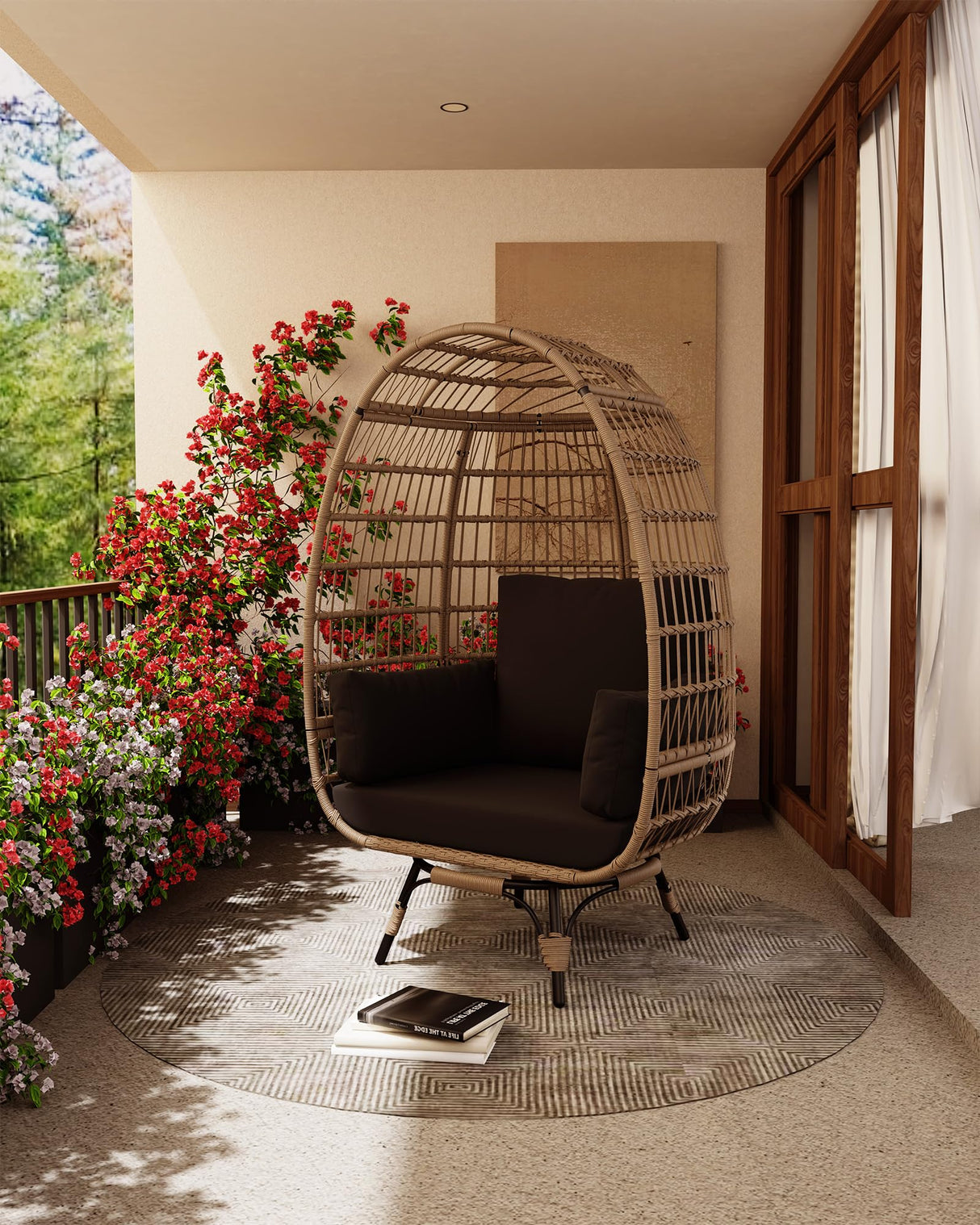 Hipicute 360° Swivel Egg Chair Outdoor, Oversized Wicker Egg Chairs with 4 Cushions for Indoor Bedroom Living Room, Rattan Egg-Shaped Lounge Chair w/Steel Frame for Balcony, Patio, Backyard, Black Hipicute